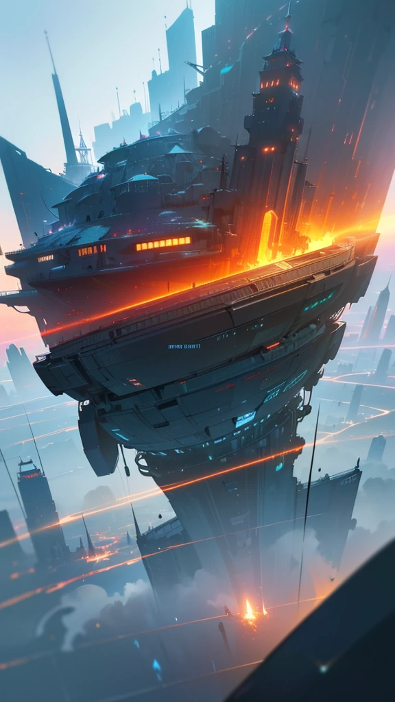 a floating city on an island, detailed cityscape, futuristic architecture, advanced technology, vibrant colors, glowing lights, dramatic lighting, cinematic atmosphere, (best quality,4k,8k,highres,masterpiece:1.2),ultra-detailed,(realistic,photorealistic,photo-realistic:1.37),concept art, science fiction, dynamic composition, dramatic shadows, volumetric fog, intricate details