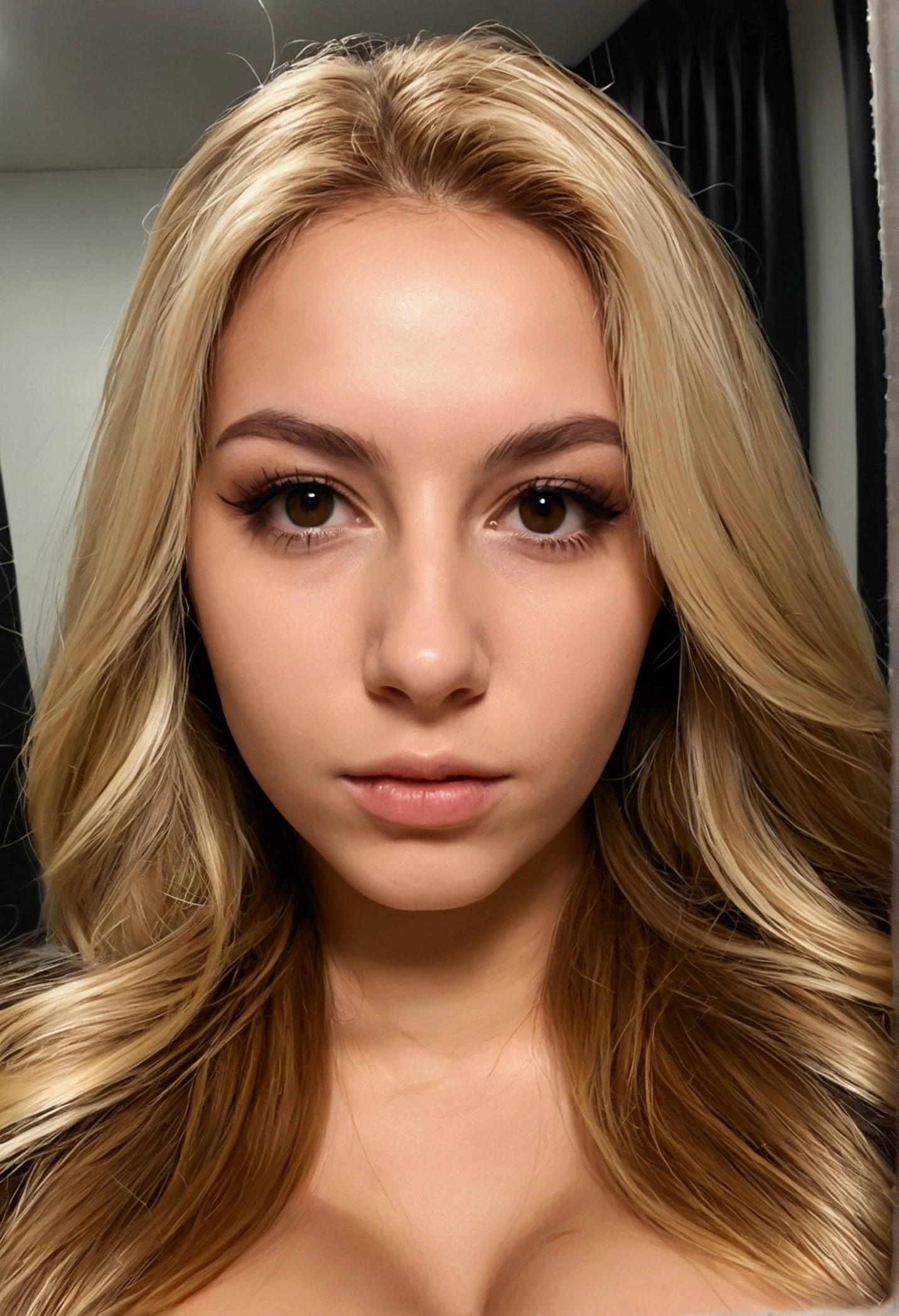 A 23-year-old blonde woman, ((pechos grandes)), ((hiperrealismo)) ,. blonde hair with light brown roots. cabello rubio, Hair with brown roots, cabello extra largo, cabello muy largo, really long hair, Beautiful, Front view, selfie, photo taken with iPhone, in BDSM room, wearing latex , high quality, selfie iPhone, cleavage
