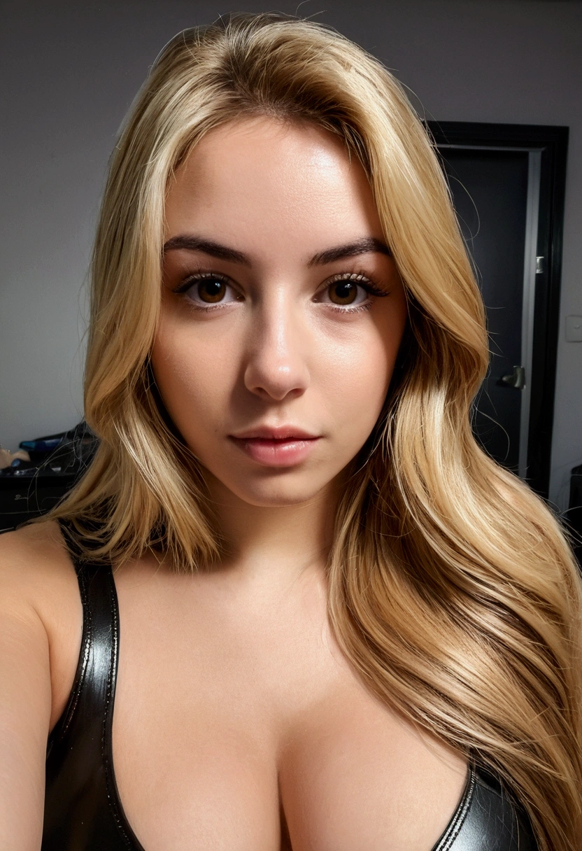 A 23-year-old blonde woman, ((pechos grandes)), ((hiperrealismo)) ,. blonde hair with light brown roots. cabello rubio, Hair with brown roots, cabello extra largo, cabello muy largo, really long hair, Beautiful, Front view, selfie, photo taken with iPhone, in BDSM room, wearing latex , high quality, selfie iPhone, cleavage