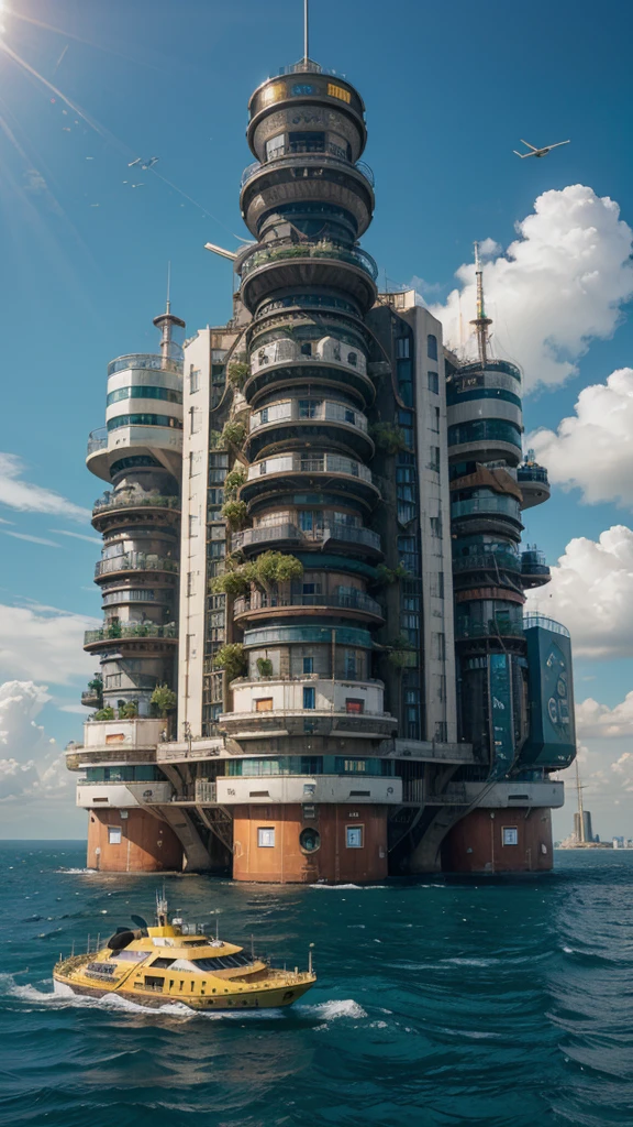 The Big Ship, floating in the ocean, with many different buildings, solarpunk village, SolarPunk Architecture, sunny punk city, futuristic utopia in solar punk, inspired by Stéphane Martiniere, inspired by Stéphane Martiniere, Colorful sci-fi steampunk, Solarpunk utopia, giant impressive steampunk tower, concept art in steampunk style, fantasy architecture, solar punk metropolis