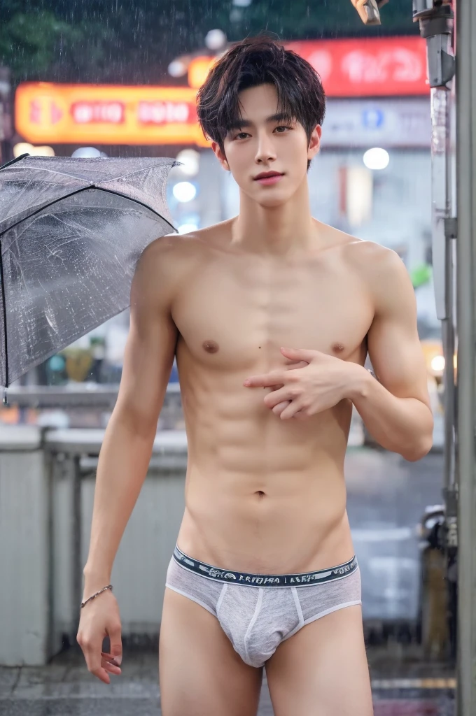 Photorealsitic, 8K full body portrait, a handsome, 18-year-old man, A charming expression, detailed face details, topless, sexy, Brief underwear, TOKYOcty, wed body, rain, the street