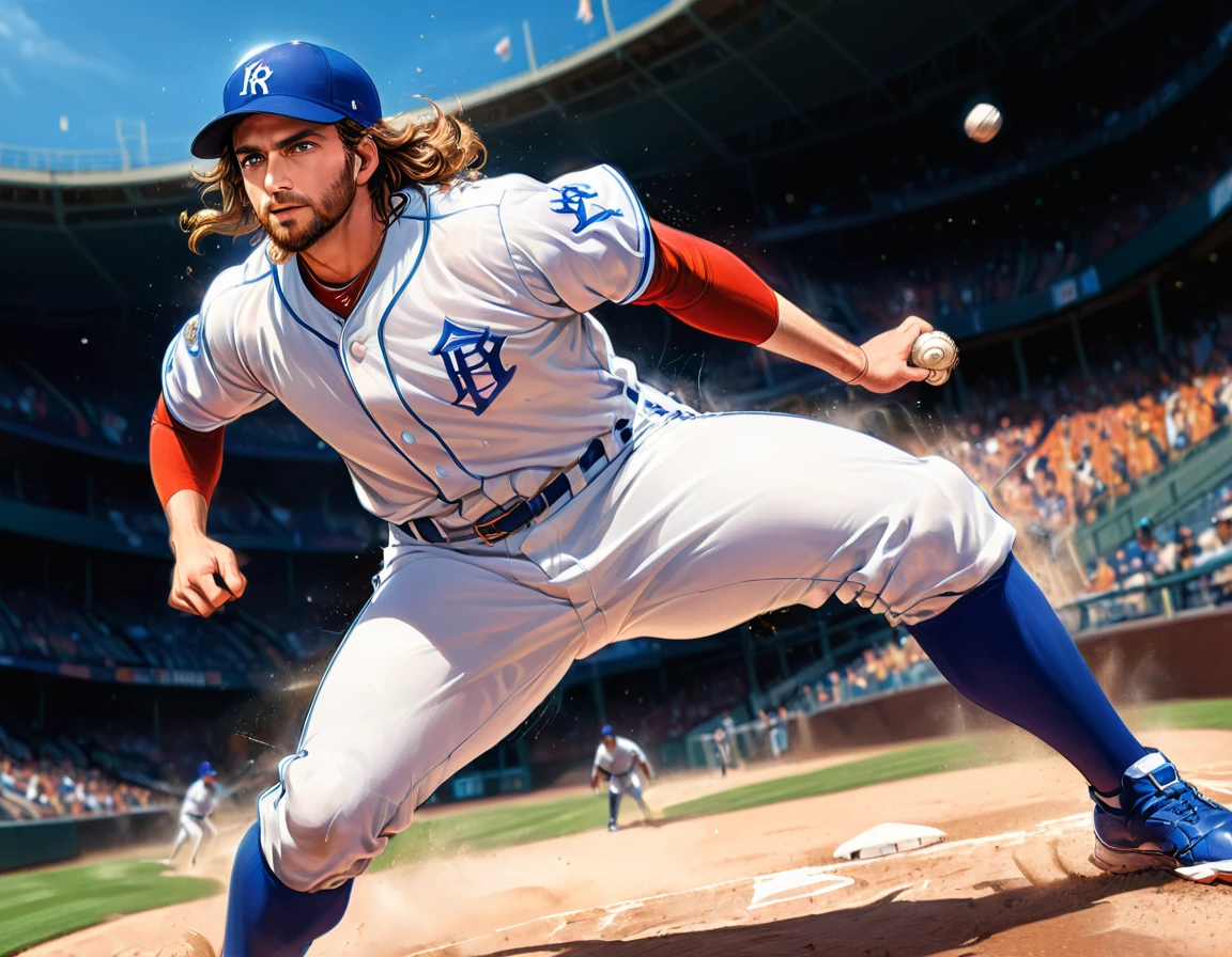 Arafed a sports capture picture of a Rabbi playing baseball, an exquisite beautiful Rabbi, full body, middle aged man, dynamic hair, dynamic style, ultra detailed face, concentrated look, determined look, best detailed face, wearing ((Rabbinic clothes: 1.3)), standing ready in a baseball match, baseball stadium nackground, full body (best details, Masterpiece, best quality), ultra wide shot, photorealistic, vibrant, Ultra-high resolution, High Contrast, (masterpiece:1.5), highest quality, Best aesthetics), best details, best quality, highres, ultra wide angle, 16k, [ultra detailed], masterpiece, best quality, (extremely detailed),