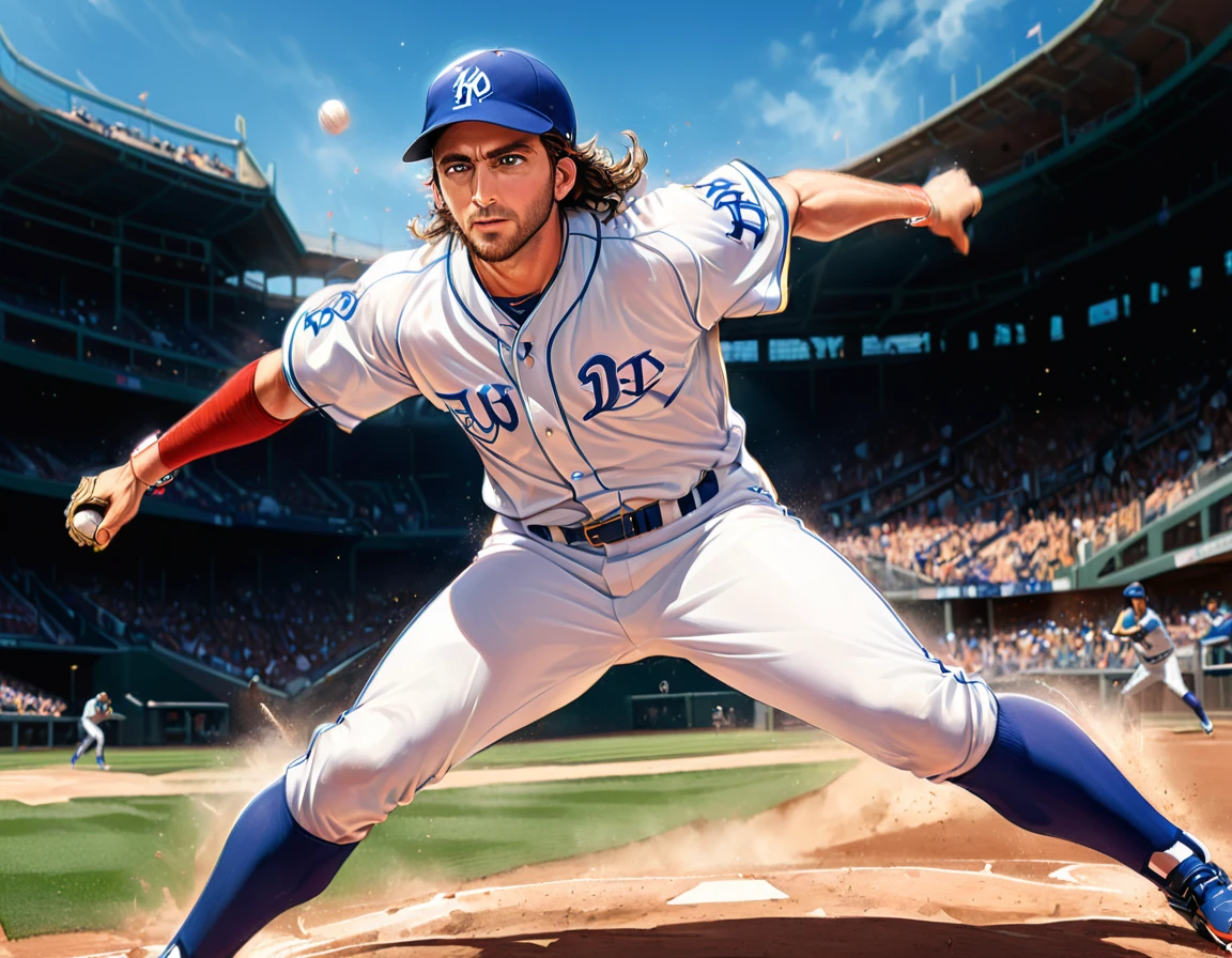 Arafed a sports capture picture of a Rabbi playing baseball, an exquisite beautiful Rabbi, full body, middle aged man, dynamic hair, dynamic style, ultra detailed face, concentrated look, determined look, best detailed face, wearing ((Rabbinic clothes: 1.3)), standing ready in a baseball match, baseball stadium nackground, full body (best details, Masterpiece, best quality), ultra wide shot, photorealistic, vibrant, Ultra-high resolution, High Contrast, (masterpiece:1.5), highest quality, Best aesthetics), best details, best quality, highres, ultra wide angle, 16k, [ultra detailed], masterpiece, best quality, (extremely detailed),
