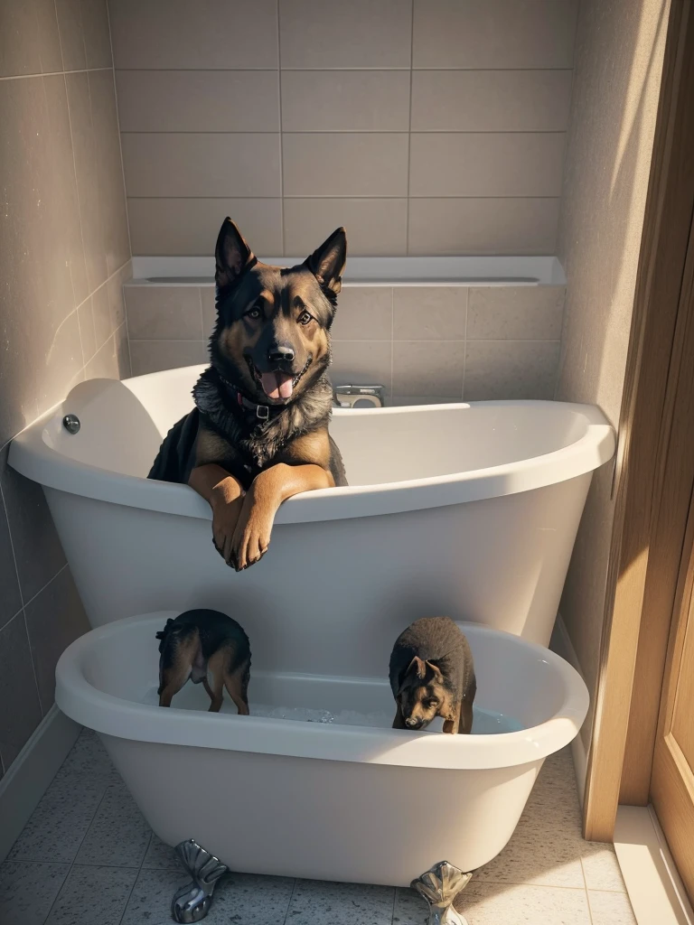 German Shepherd in a bathroom, bathes in bathtub, playful (best quality,4K,8K,highres,masterpiece:1.2),Ultra-detail,(realisti,photorealisti,photo-realisti:1.37), Film compositions,depth of field,Professional 3D rendering