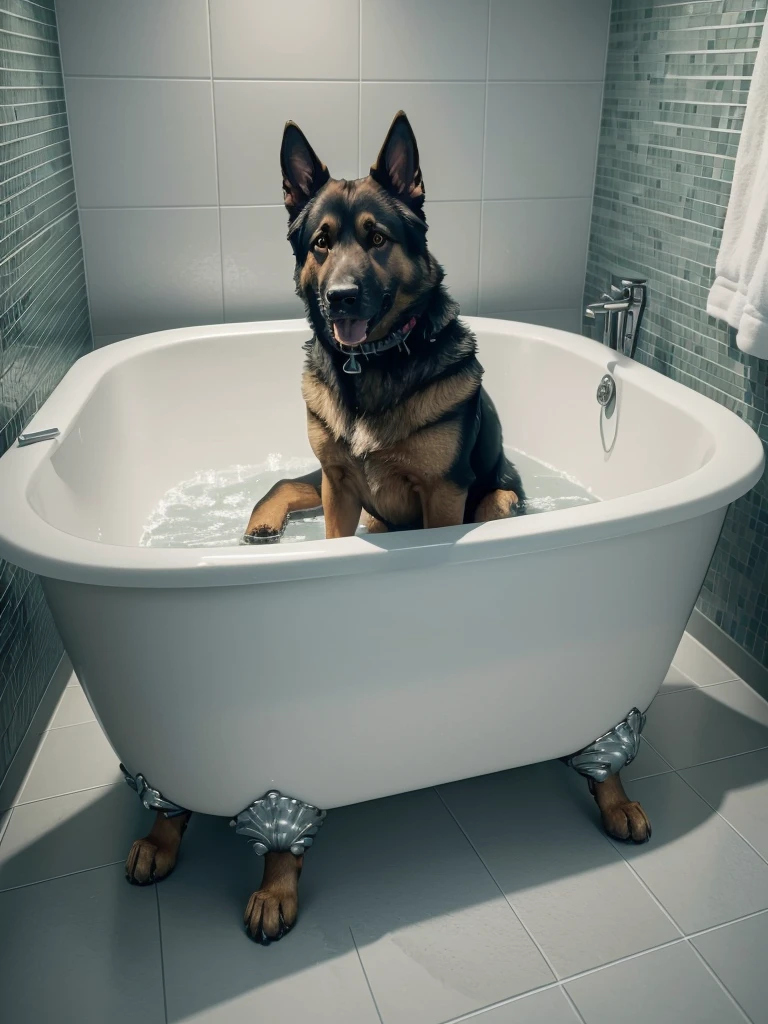 German Shepherd in a bathroom, bathes in bathtub, playful (best quality,4K,8K,highres,masterpiece:1.2),Ultra-detail,(realisti,photorealisti,photo-realisti:1.37), Film compositions,depth of field,Professional 3D rendering