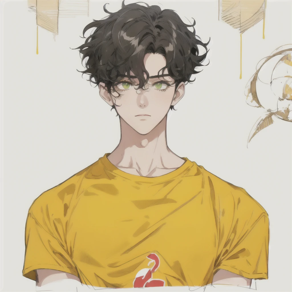 Boy1, Curly black hair, oversize yellow T-shirt, green eyes,