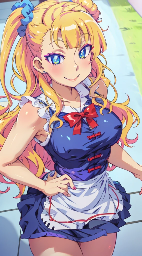 1 girl, galko,Galko,big breasts,smile,makeup,Maid clothes,Both shoulders_exposed,clavicle,mini skirt,natural lip,skin luster,looking at the viewer, in the center of the image,cowboy shot,1with people,
highest quality, High resolution, beautiful eyes, highly detailed face, Detailed CG, Chinese restaurant,