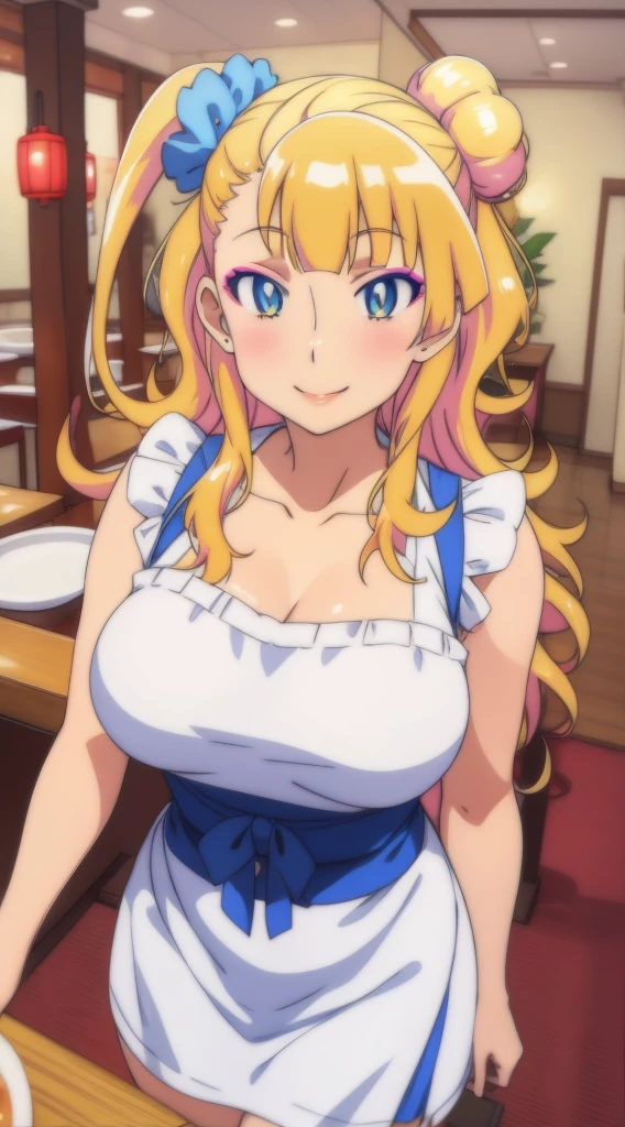 1 girl, galko,Galko,big breasts,smile,makeup,Maid clothes,Both shoulders_exposed,clavicle,mini skirt,natural lip,skin luster,looking at the viewer, in the center of the image,cowboy shot,１with people,
highest quality, High resolution, beautiful eyes, highly detailed face, Detailed CG, Chinese restaurant,