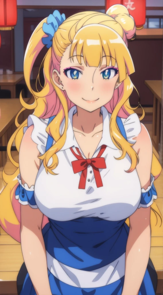 1 girl, galko,Galko,big breasts,smile,makeup,Maid clothes,Both shoulders_exposed,clavicle,mini skirt,natural lip,skin luster,looking at the viewer, in the center of the image,cowboy shot,１with people,
highest quality, High resolution, beautiful eyes, highly detailed face, Detailed CG, Chinese restaurant,