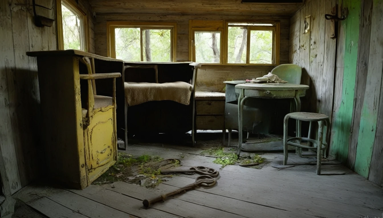 create an old cabin, abandonned, where the furniture is old, deteriorated by time and a small golden key on the floor