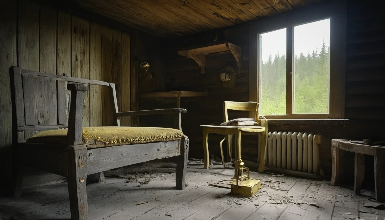 create an old cabin, abandonned, where the furniture is old, deteriorated by time and a small golden key on the floor