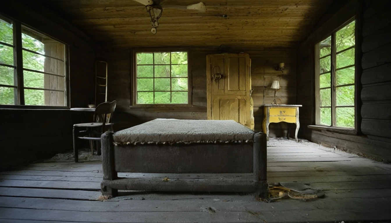 create an old cabin, abandonned, where the furniture is old, deteriorated by time and a small golden key on the floor