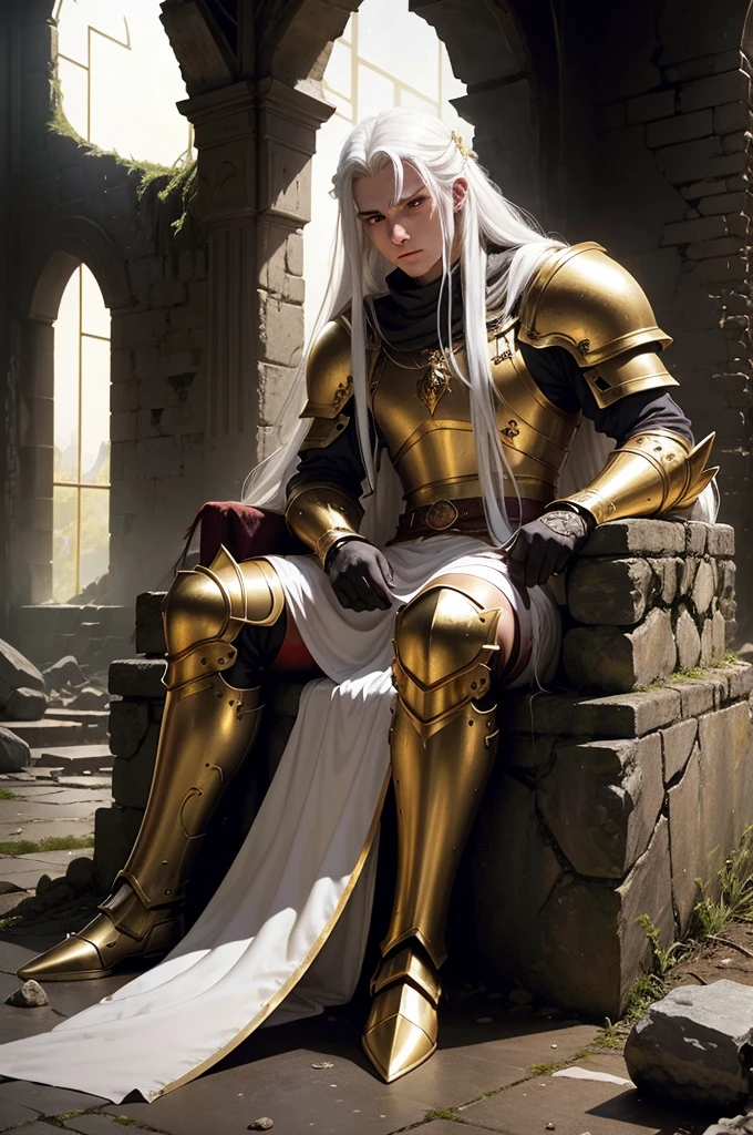 naughty man, twenty years old, long white hair, battle armor, gold eyes, sitting on a stone throne, interior of a ruined castle, white noble costume with gold details, serious look, red carpet in rags, lava running down the wall, at night, candles on the walls, dark surroundings, shunlight ((anime style))