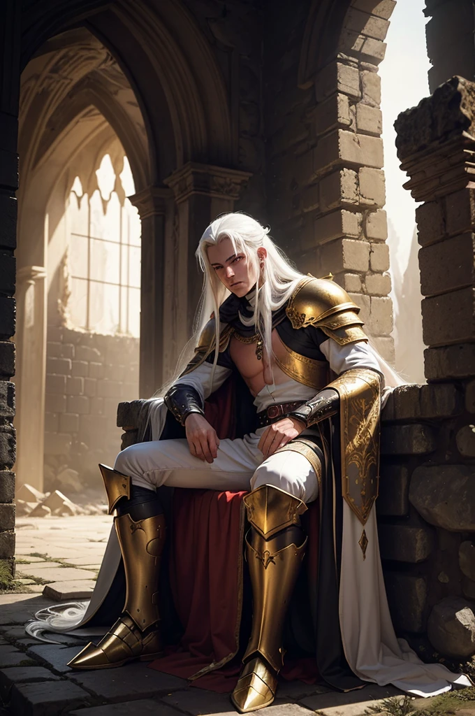 naughty man, twenty years old, long  white hair, battle armor, gold eyes, sitting on a stone throne, interior of a ruined castle, white noble costume with gold details, serious look, red carpet in rags, lava running down the wall, at night, candles on the walls, dark surroundings, shunlight ((anime style))