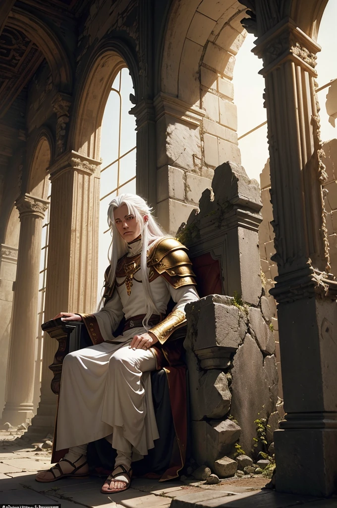  man, twenty years old, long  white hair, battle armor, gold eyes, sitting on a stone throne, interior of a ruined castle, white noble costume with gold details, serious look, red carpet in rags, lava running down the wall, at night, candles on the walls, dark surroundings, shunlight ((anime style))