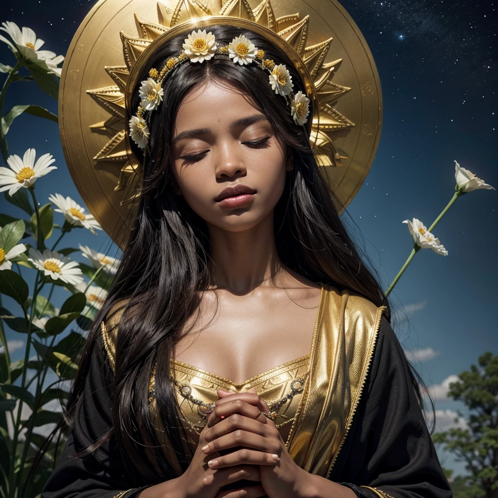 Painting of a black woman holding a bouquet of flowers in her hands, black features on her face and with her eyes closed, majestic woman of saint, sky background, Portrait of Our Lady of Aparecida, Our Lady of Aparecida, beautiful gold saint, dark skin female goddess of love, Catholic religious art, Catholic icon, queen of heaven, masterpiece, patron saint of Brazil.