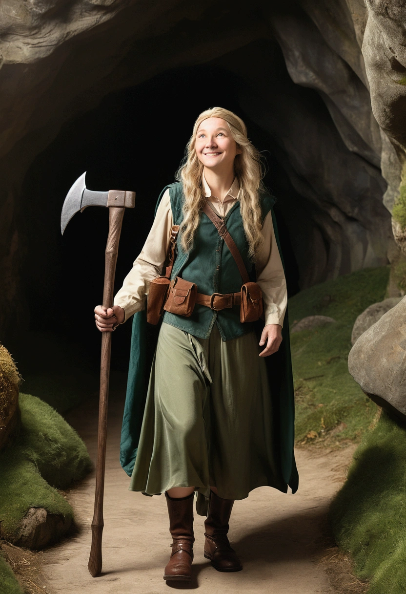 (((((Kizi))))), work of art, ultra detaild, 8K Portrait, CRU photo, woman portrait photography, whole body, Highly detailed smiley face, ((fancy)), (((hobbit))), ((grown-up)), age 45, 110cm, (((cave explorer))), ((Caucasian skin)), greenish blonde long wavy hair, twin-tail, wearing a hard hat, (((long dark green silk cloak))) fluttering in the wind, (((Explorer costume))), (((culotte skirt))), (((large backpack))), (((equip a pickaxe))), Midday sun, hyperrealisti, slenderbody, through the cloudy castle, ambient lighting, Shadow Details , Camera focus on face, strong breeze, Light fog