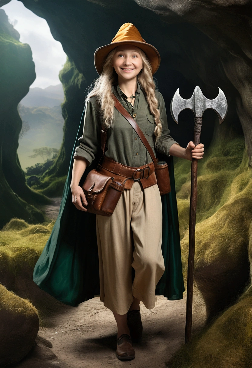 (((((Kizi))))), work of art, ultra detaild, 8K Portrait, CRU photo, woman portrait photography, whole body, Highly detailed smiley face, ((fancy)), (((hobbit))), ((grown-up)), age 45, 110cm, (((cave explorer))), ((Caucasian skin)), greenish blonde long wavy hair, twin-tail, wearing a hard hat, (((long dark green silk cloak))) fluttering in the wind, (((Explorer costume))), (((culotte skirt))), (((large backpack))), (((equip a pickaxe))), Midday sun, hyperrealisti, slenderbody, through the cloudy castle, ambient lighting, Shadow Details , Camera focus on face, strong breeze, Light fog