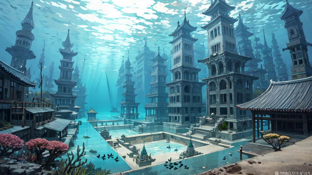 Underwater city, nostalgic, sunken city, background only, underwater temple, water city