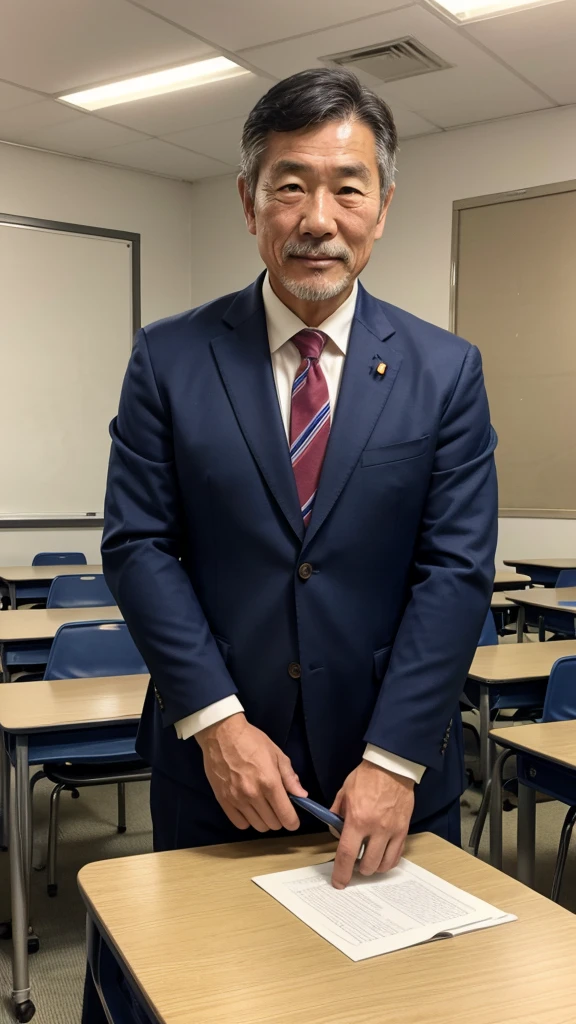 60-year-old Japanese man,He has the face of a rugby player,Standard body type,elementary school teacher,A little hairy,Wearing a suit,In the classroom
