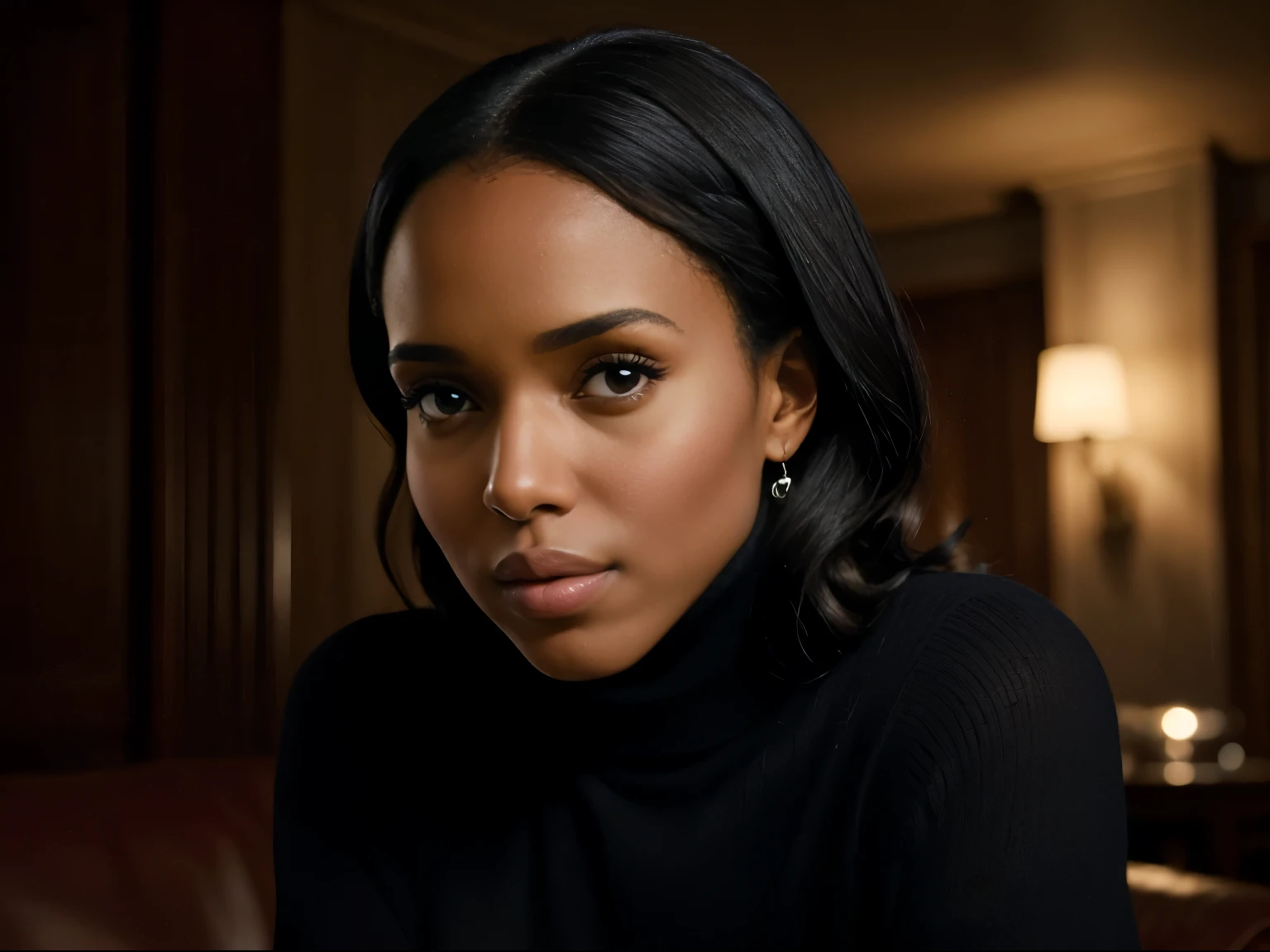 Foto hiperrealista en primer plano de Kerry Washington, masterpiece, best quality, (photorealistic:1.4), portrait photo, black turtleneck sweater, night in living room, during the night, dark night, during night, cinematic light, beautiful woman, skinny, medium breasts, straight black hair, detailed face, photo taken from a distance, age 20 years old