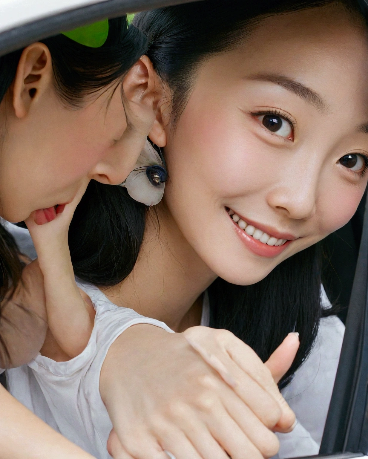 Close-up of a woman smiling in a car, Yoshitomo Nara, 30-year-old woman, 30-year-old woman, black, Chen Xintong, 1 8 is, 27 years old, With a cute - lovely - face, Choi Hong-hwa, Louise Chan, 29-year-old