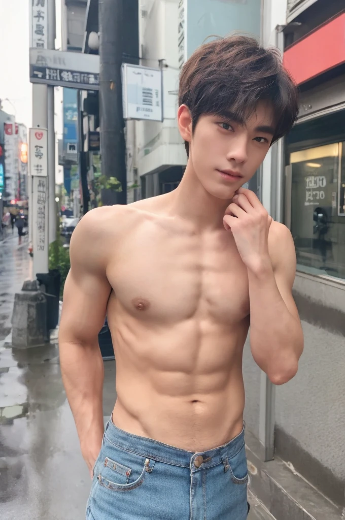 Photorealsitic, 8K full body portrait, a handsome, 18-year-old man, A charming expression, detailed face details, fit, muscle, ???????, ????, Brief ?????????, TOKYOcty, wed body, rain, the street