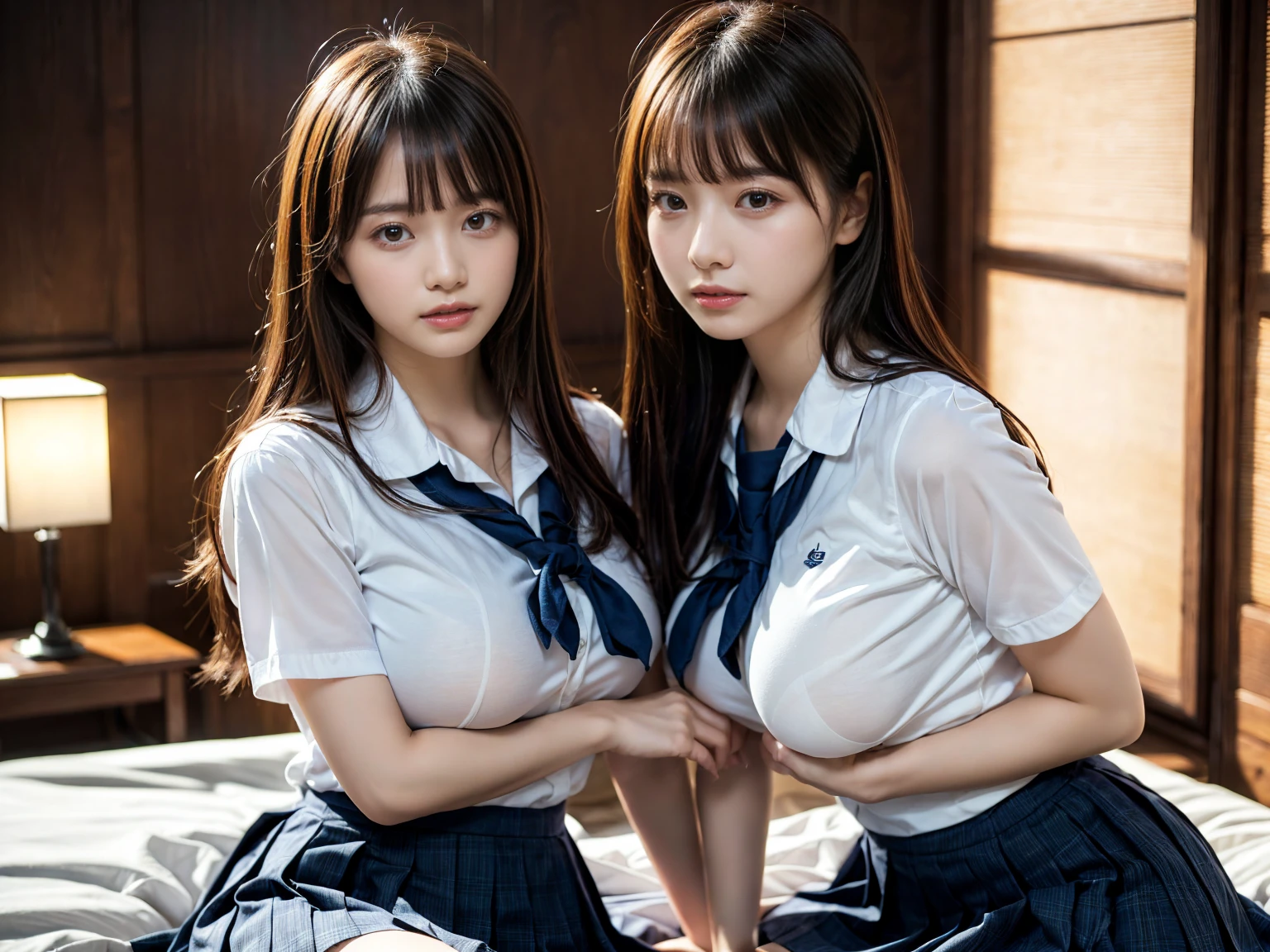 (RAW photo, 4k, masterpiece, high resolution, extremely complex) (realistic: 1.4), cinematic lighting
((2 girls, 2 schoolgirls)),Slam Dunk's,blushing,((innocent)),(Dark makeup),bright eyes,round eyes,blunt bangs,(straight hair:1.3),black hair,large breasts,wide hips,Summer Noon, 20 year old girl、cute type、ta,Hot, (Best Quality), (Highres), (an Extremely Delicate and Beautiful),(Beautiful 8k face),(Brown eyes),short bob hair,( spectators),(gigantic breasts),(Play with each other,Touching each other's bodies,Touching the body),(Japanese high school uniform:1.3),blue skirt,(reality),bright lighting,(The background is a luxury hotel room)