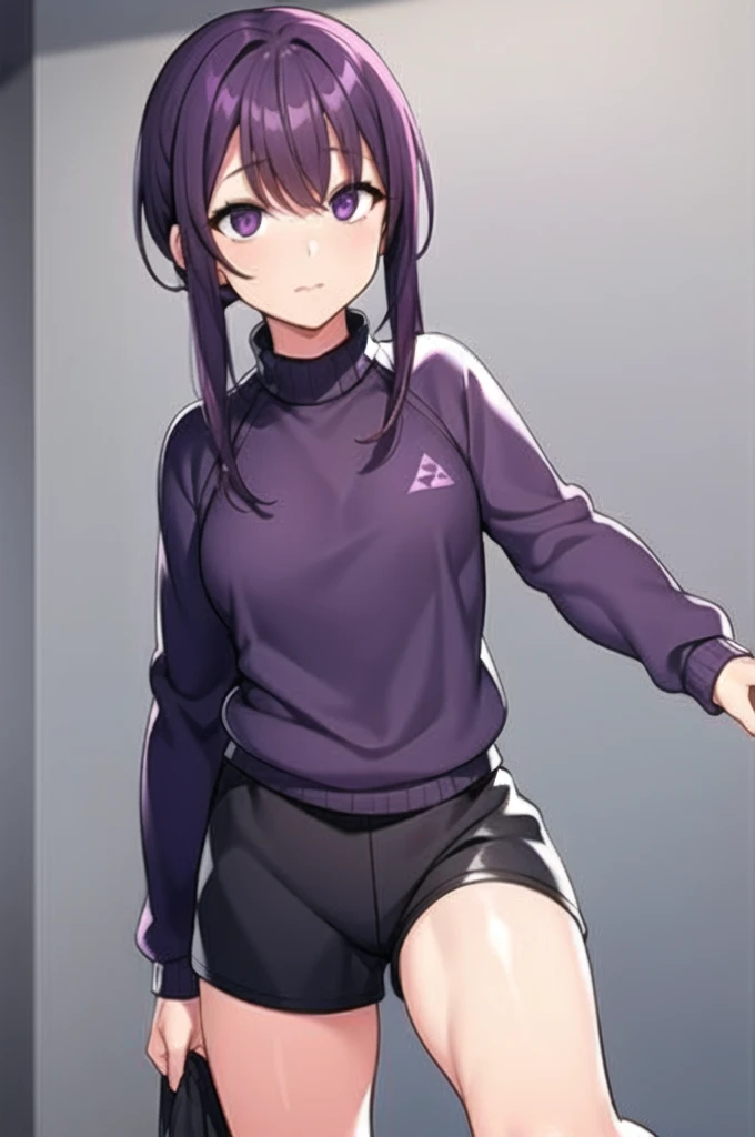 girl purple eyes, dark purple hair with pigtails on the sides, short purple sweater with an open waist, dark sportswear, purple sneakers