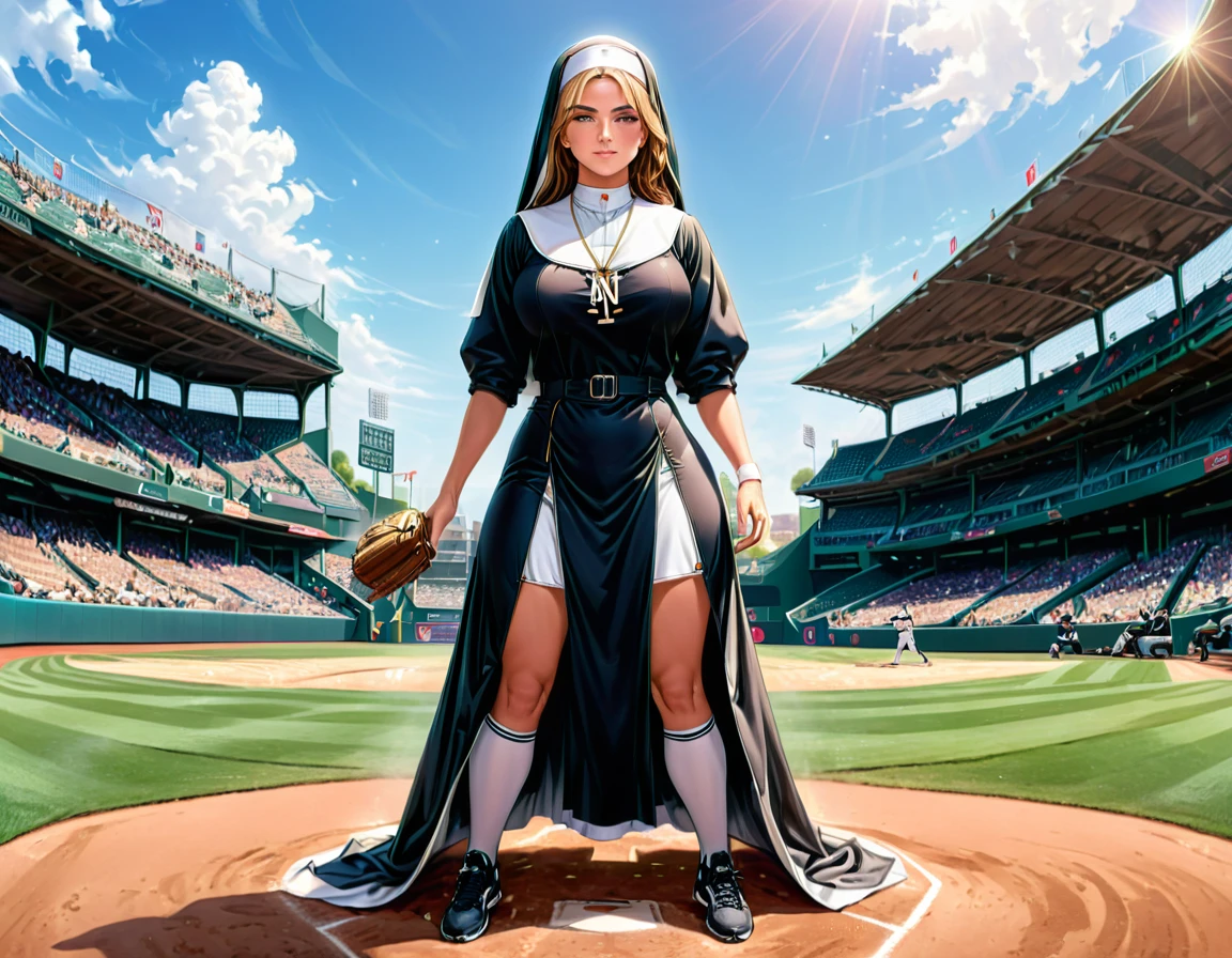 Arafed a sports capture picture of a nun playing baseball, an exquisite beautiful nun, full body, middle aged woman,  dynamic hair, dynamic style,  ultra detailed face, concentrated look, determined look, best detailed face, wearing ((nun clothes: 1.3)), standing ready in a baseball match, baseball stadium nackground, full body (best details, Masterpiece, best quality), ultra wide shot, photorealistic,  vibrant, Ultra-high resolution, High Contrast, (masterpiece:1.5), highest quality, Best aesthetics), best details, best quality, highres, ultra wide angle, 16k, [ultra detailed], masterpiece, best quality, (extremely detailed), ZipFile Comi Style