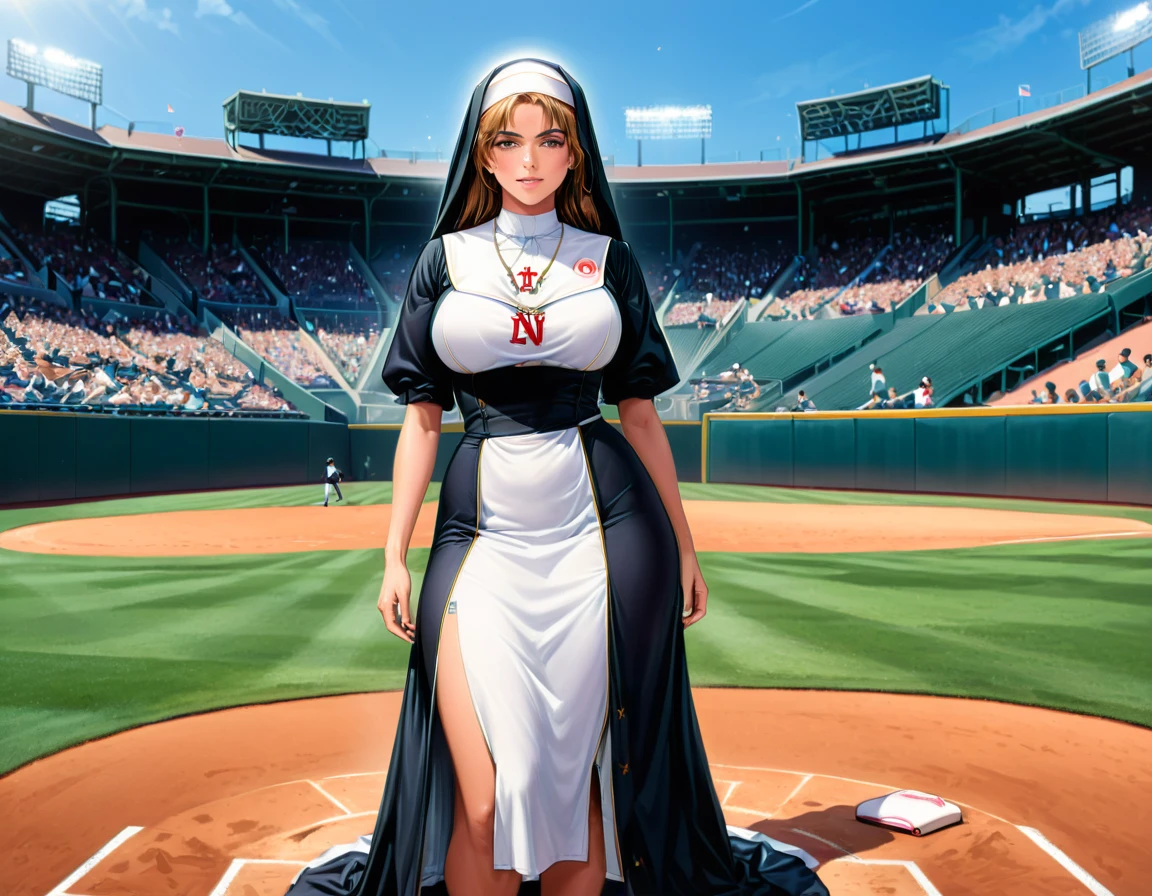 Arafed a sports capture picture of a nun playing baseball, an exquisite beautiful nun, full body, middle aged woman,  dynamic hair, dynamic style,  ultra detailed face, concentrated look, determined look, best detailed face, wearing ((nun clothes: 1.3)), standing ready in a baseball match, baseball stadium nackground, full body (best details, Masterpiece, best quality), ultra wide shot, photorealistic,  vibrant, Ultra-high resolution, High Contrast, (masterpiece:1.5), highest quality, Best aesthetics), best details, best quality, highres, ultra wide angle, 16k, [ultra detailed], masterpiece, best quality, (extremely detailed), ZipFile Comi Style