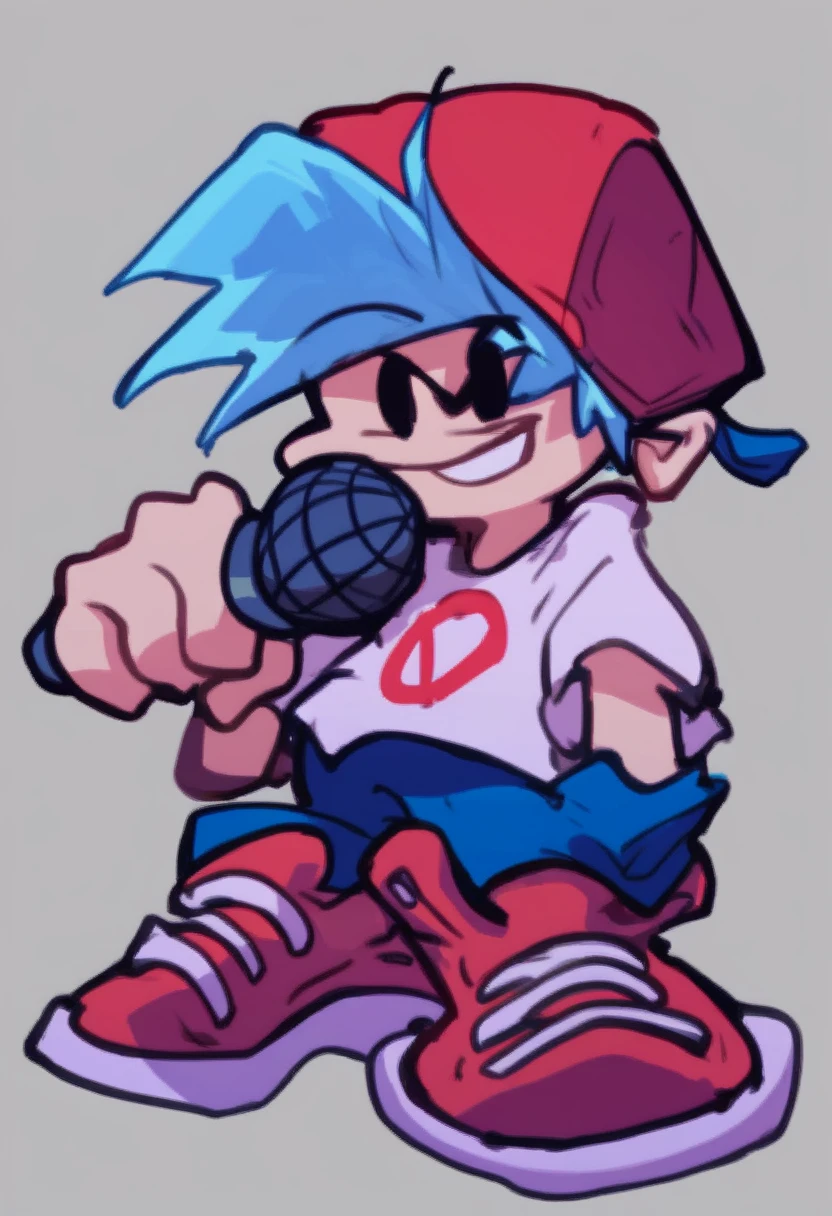 boyfriend_fnf, solo, simple background, shirt, 1boy, hat, holding, blue hair, full body, male focus, shoes, pants, red footwear, sneakers, microphone, holding microphone, black eyes, smile