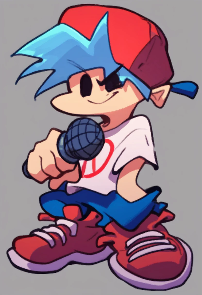 boyfriend_fnf, solo, simple background, shirt, 1boy, hat, holding, blue hair, full body, male focus, shoes, pants, red footwear, sneakers, microphone, holding microphone, black eyes, smile