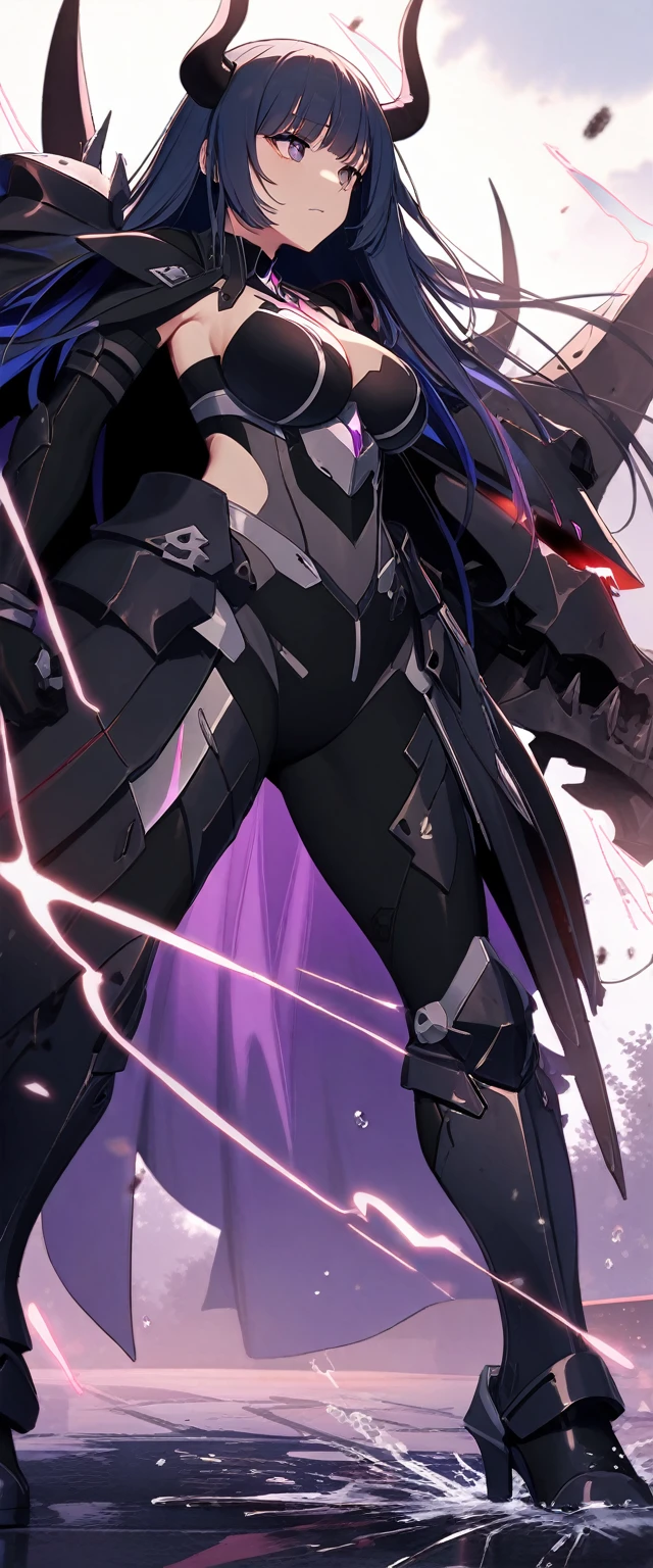 1girl, Raiden Mei \(Herrscher of Thunder), Honkai Impact 3rd, horns, electricity, glowing eyes, sit pupils, (wetting self:2.0), desperation, full body