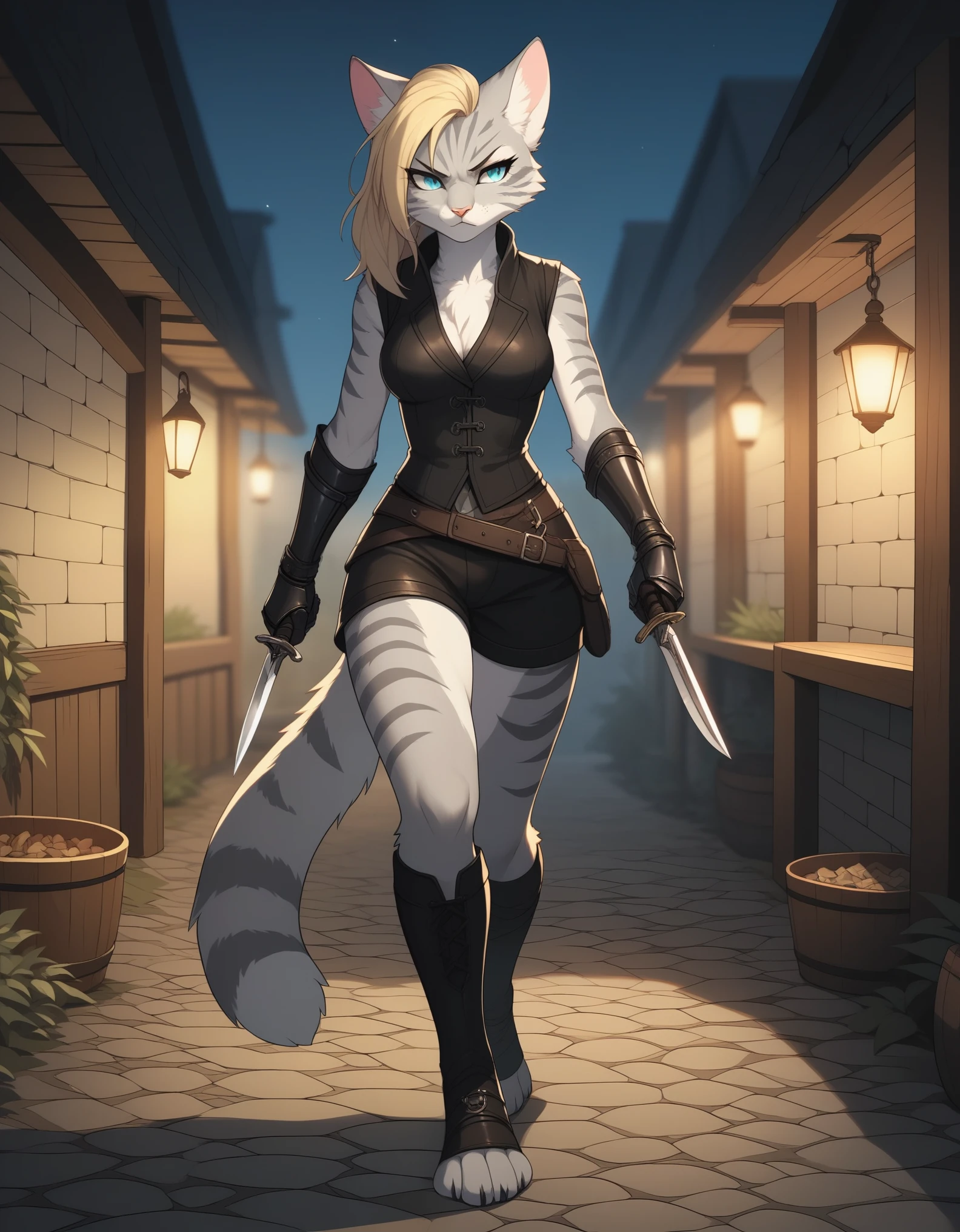 score_9,score_8_up,score_7_up, kemono style, Kat, Anthro furry feline, silver fur, grey stripes on body, blue eyes, long blonde hair, undercut hair, pink nose, :3, wearing black medieval vest, black short shorts, black leather gauntlets, plantigrade feet with four toes, feet paws wrapped in bandages, furrowed eyebrows, she’s grumpy, walking, holding a dagger knife, at a campsite at night, standing