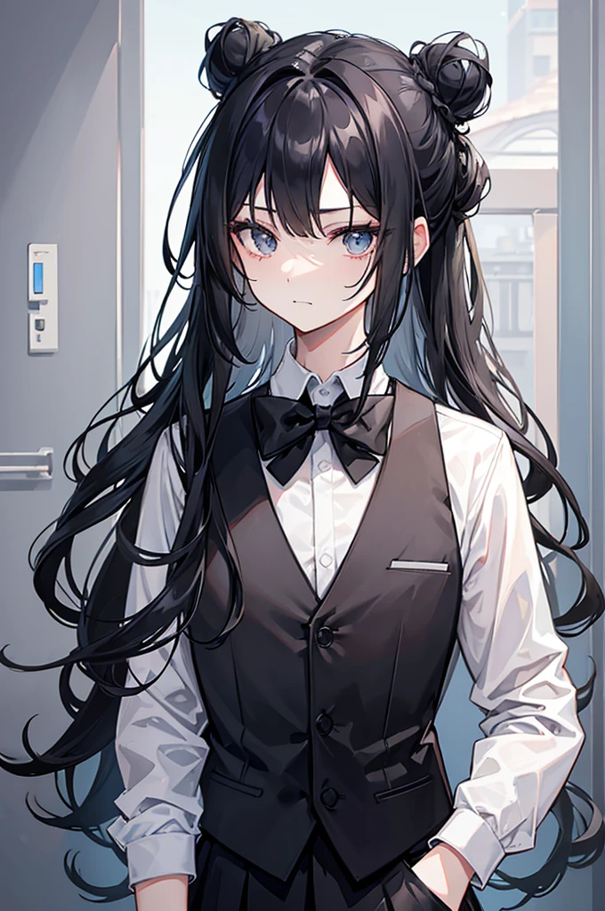 Physical description
- **Hair**: The character has long, wavy black hair styled in two high buns with strands falling to the sides of her face.
- **Eyes**: Its eyes are large, gray in color, and appear slightly almond-shaped.
- **Skin**: The skin is light in color.
- **Clothes**: She wears a white shirt with a black bow tie and a dark gray vest, which gives an impression of school or academic style.
- **Expression**: His facial expression shows a slight smile, suggesting a friendly and perhaps a little mischievous personality.