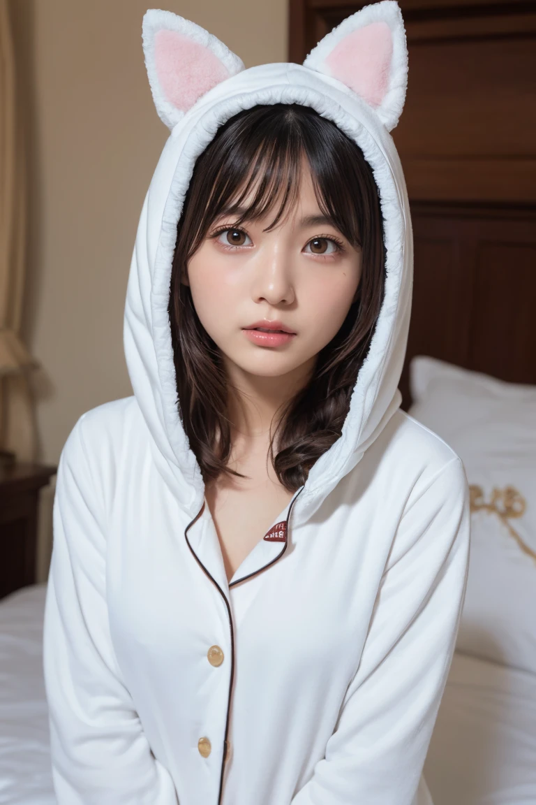 one girl, (a beauty girl, delicate girl:1.3), (Age 25:1.3),
break, (White fluffy kigurumi pajamas, Cat costume:1.2), (Upper Body:1.2),
break, Definition of very fine particles, (Symmetrical eyes:1.3),
break, (Bedroom:1.3),
break, Small breasts, Brown eyes, Parted bangs, Brown Hair, girl,
break, (Eye and facial details:1.0),
break, (masterpiece, Highest quality, Very detailed, Detailed face, 8K)、Upper Bodyは裸、Nipples sticking out