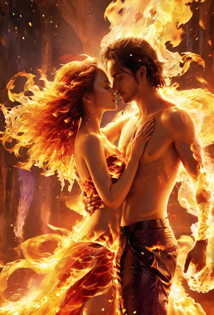 tmasterpiece, Best quality at best, Detailed pubic hair, A high resolution, (Flame/firey焰/loimu,dynamic scene:1.3),Romantic couple kissing in fire,firestorm, on fire, strange fantasy images, great skin texture,Magic Array, Cast spells, fanciful, Purple power, strength, firey, meteors,