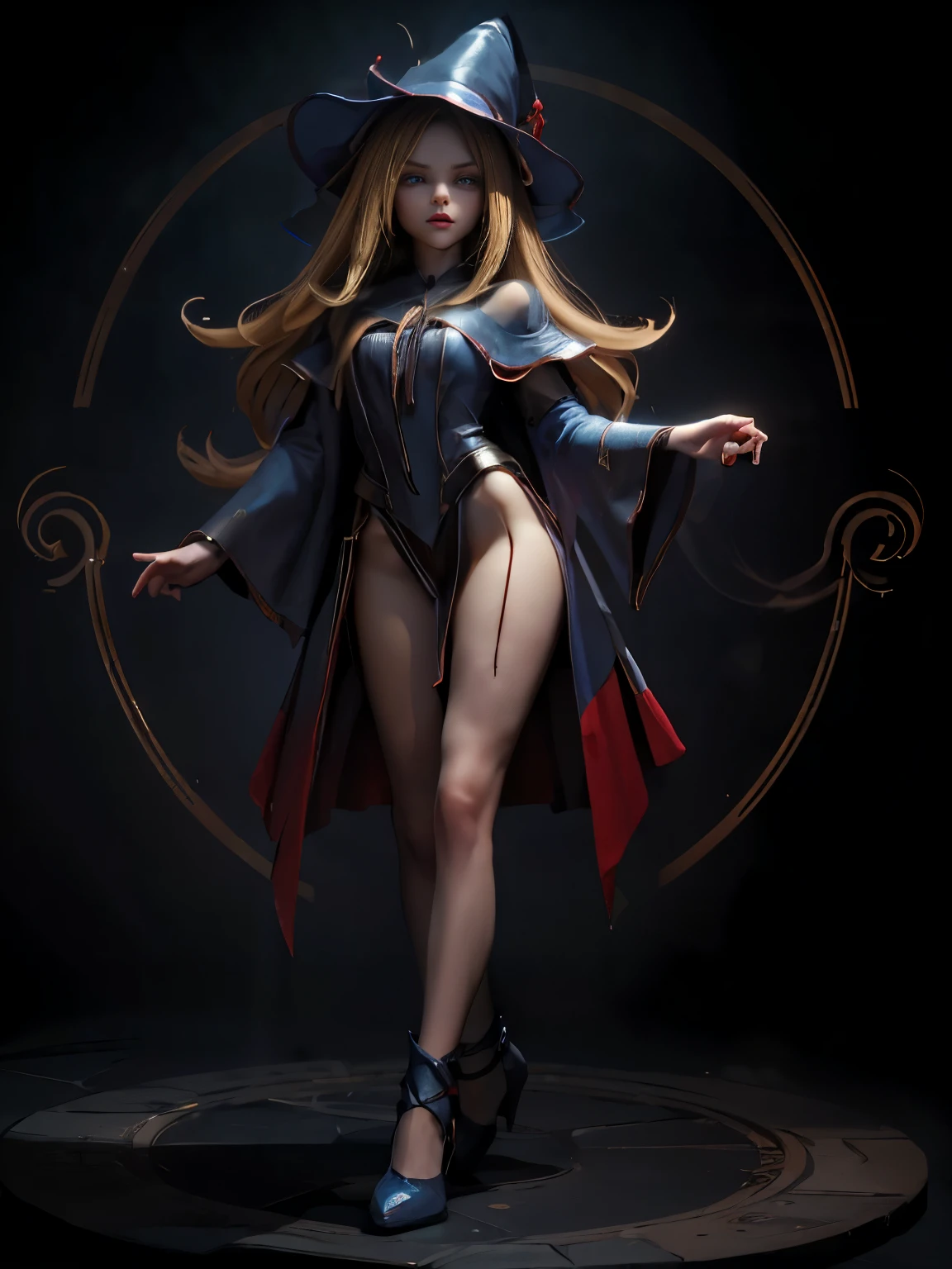 Giles dark wizards. She wears heels. blond hair. blue eyes. Red lips. Sensual and innocent pass. Standing on one foot. where magic circle.  She wears heels .