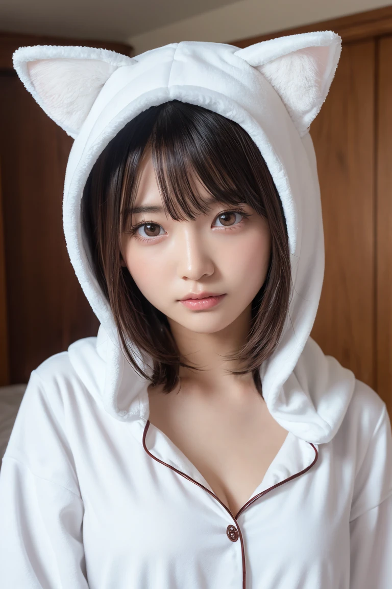 one girl, (a beauty girl, delicate girl:1.3), (Age 25:1.3),
break, (White fluffy kigurumi pajamas, Cat costume:1.2), (Upper Body:1.2),
break, Definition of very fine particles, (Symmetrical eyes:1.3),
break, (Bedroom:1.3), 
break, Small breasts, Brown eyes, Parted bangs, Brown Hair,  girl,
break, (Eye and facial details:1.0),
break, (masterpiece, Highest quality, Very detailed, Detailed face, 8K)、Upper Bodyは裸、Nipples sticking out
