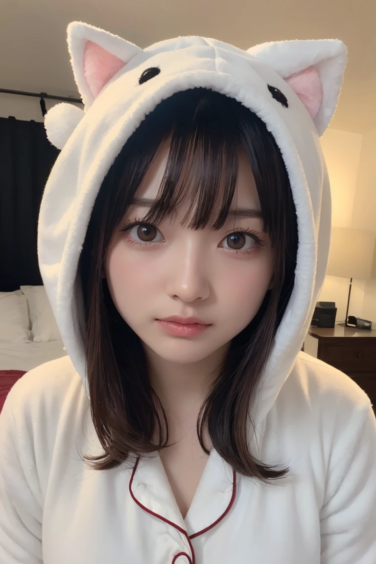 one girl, (a beauty girl, delicate girl:1.3), (Age 25:1.3),
break, (White fluffy kigurumi pajamas, Cat costume:1.2), (Upper Body:1.2),
break, Definition of very fine particles, (Symmetrical eyes:1.3),
break, (Bedroom:1.3), 
break, Small breasts, Brown eyes, Parted bangs, Brown Hair,  girl,
break, (Eye and facial details:1.0),
break, (masterpiece, Highest quality, Very detailed, Detailed face, 8K)、Upper Bodyは裸、Nipples sticking out