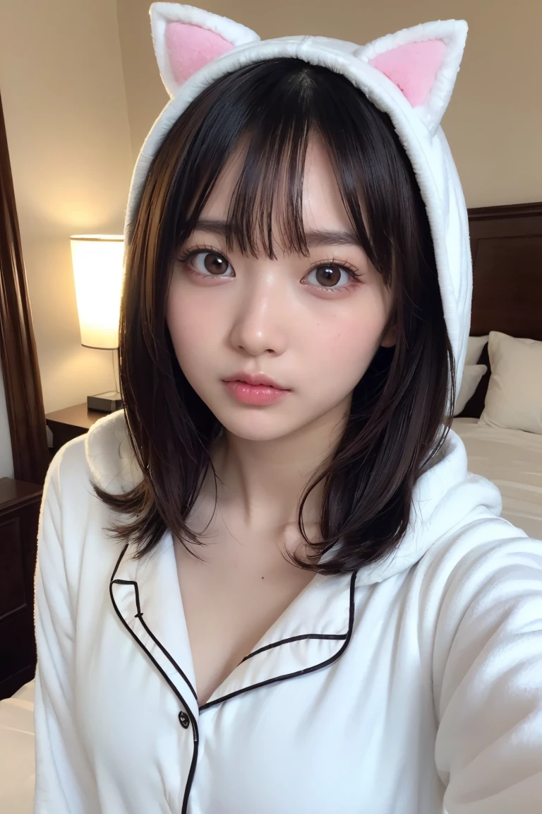 one girl, (a beauty girl, delicate girl:1.3), (Age 25:1.3),
break, (White fluffy kigurumi pajamas, Cat costume:1.2), (Upper Body:1.2),
break, Definition of very fine particles, (Symmetrical eyes:1.3),
break, (Bedroom:1.3), 
break, Small breasts, Brown eyes, Parted bangs, Brown Hair,  girl,
break, (Eye and facial details:1.0),
break, (masterpiece, Highest quality, Very detailed, Detailed face, 8K)、Upper Bodyは裸、Nipples sticking out