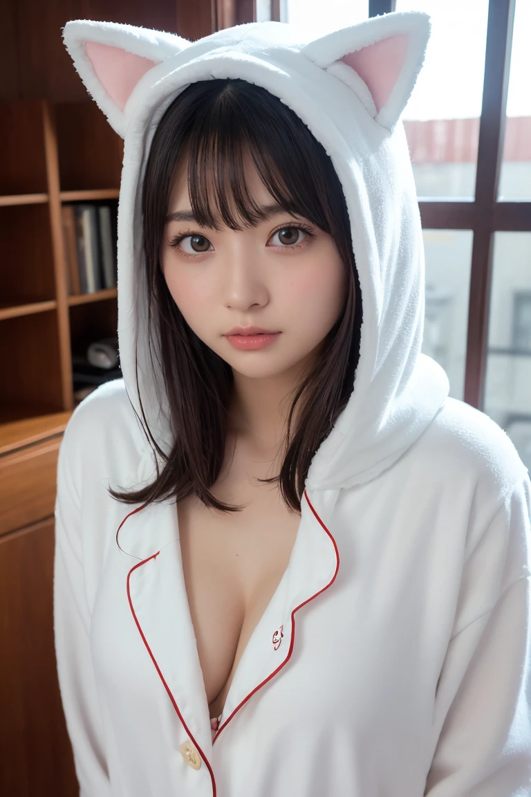 one girl, (a beauty girl, delicate girl:1.3), (Age 25:1.3),
break, (White fluffy kigurumi pajamas, Cat costume:1.2), (Upper Body:1.2),
break, Definition of very fine particles, (Symmetrical eyes:1.3),
break, (Bedroom:1.3),
break, Small breasts, Brown eyes, Parted bangs, Brown Hair, girl,
break, (Eye and facial details:1.0),
break, (masterpiece, Highest quality, Very detailed, Detailed face, 8K)、Upper Bodyは裸、Nipples sticking out