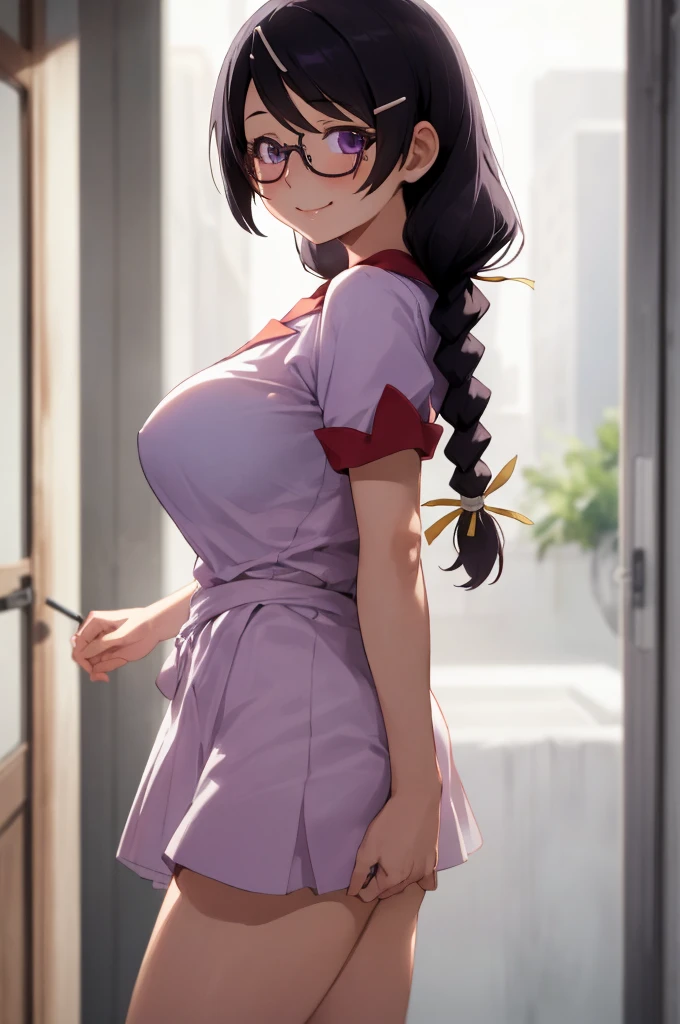 (best quality, masterpiece, RAW photo,ultra-detailed:1.2), 1girl,solo,looking at viewer,smile hanekawa tsubasa, long hair, black hair, hair ornament, (purple eyes:1.1), braid, hairclip, twin braids, glasses, very large breasts, from side