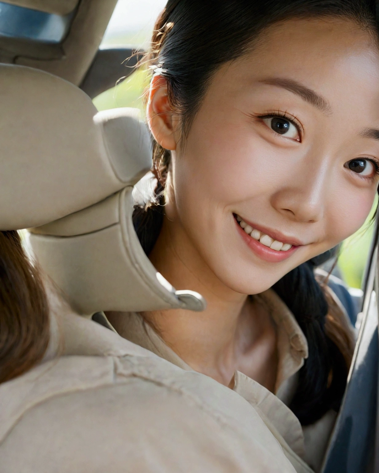 Close-up of a woman smiling in a car, Yoshitomo Nara, 30-year-old woman, 30-year-old woman, black, Chen Xintong, 1 8 is, 27 years old, With a cute - lovely - face, Choi Hong-hwa, Louise Chan, 29-year-old