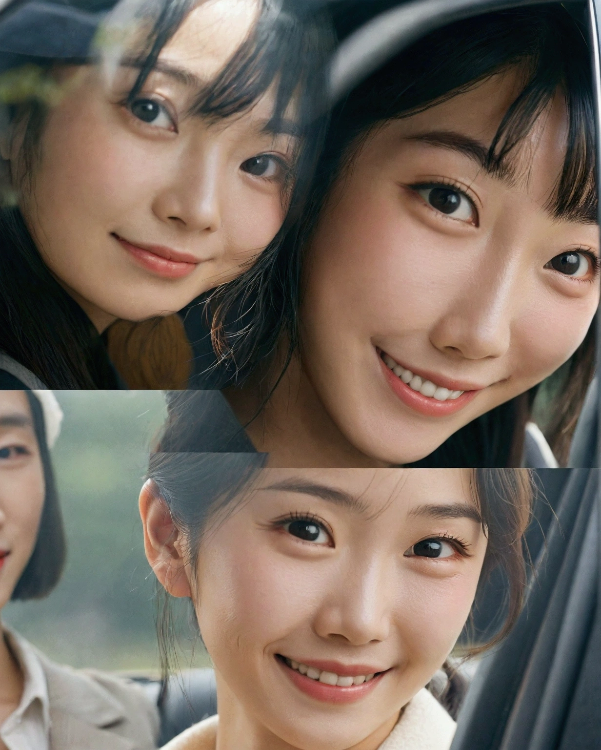 Close-up of a woman smiling in a car, Yoshitomo Nara, 30-year-old woman, 30-year-old woman, black, Chen Xintong, 1 8 is, 27 years old, With a cute - lovely - face, Choi Hong-hwa, Louise Chan, 29-year-old