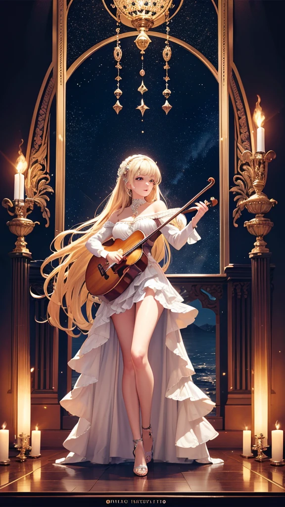 ultra-high precision, ultra-high resolution, 16K, best quality, exquisite, intricate composition, lots of people, beautiful women, french, blonde hair, orchestra, play a music instrument, fantastic, on the deck, sea, ultra wide angle, full body, illustration style