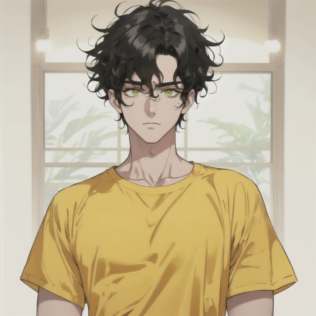 Men, Curly black hair, oversize yellow T-shirt, green eyes,