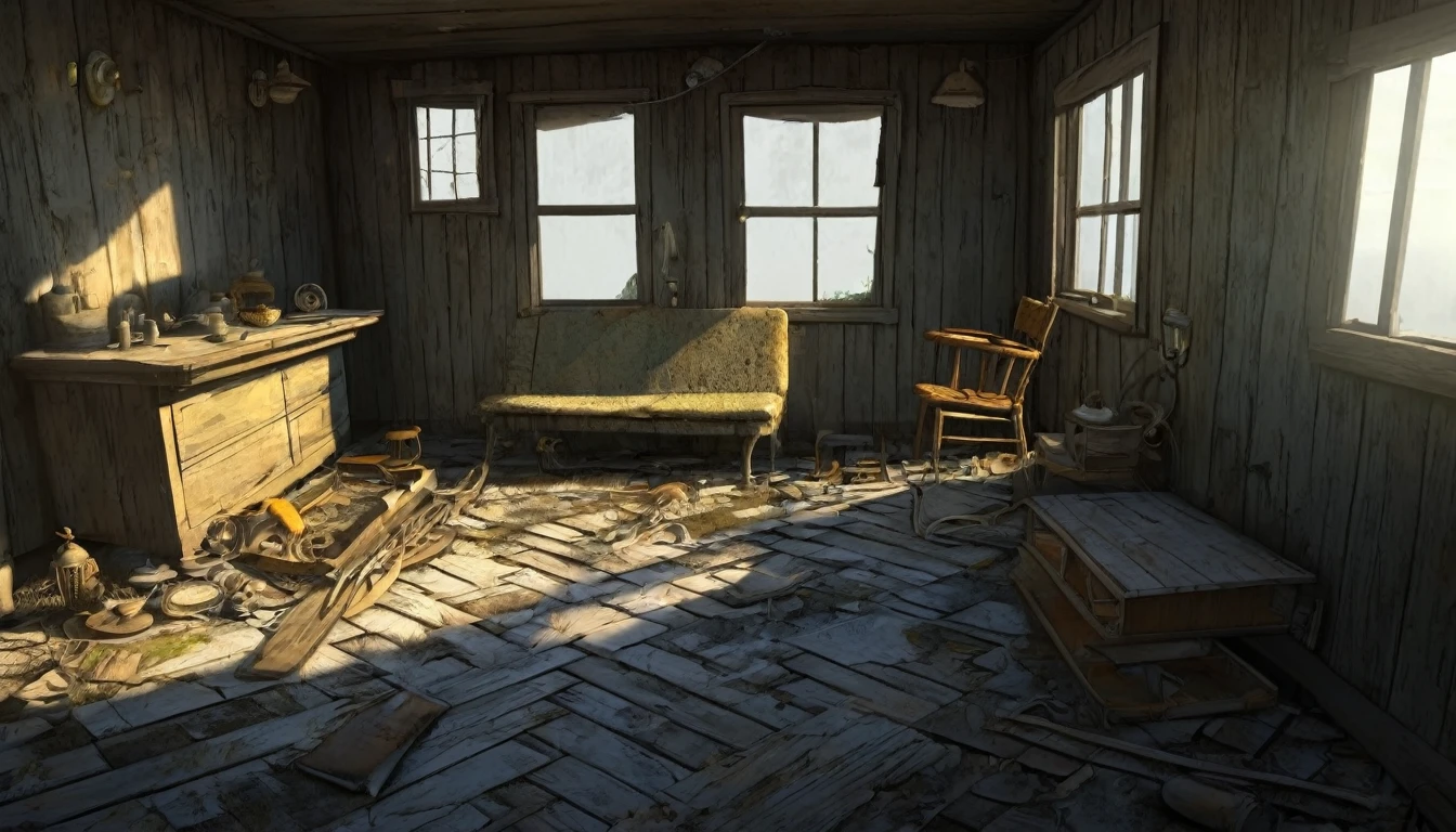 create an old cabin, abandonned, where the furniture is old, deteriorated by time and a small golden key on the living room floor, style cartoon