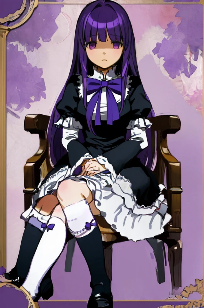 masterpiece, best quality, ultra-detailed,  frederica bernkastel, purple eyes, purple hair, long hair,purple bow, dress, frills, white kneehighs,  kneehighs bow,  empty eyes, expressionless, sitting on chair,